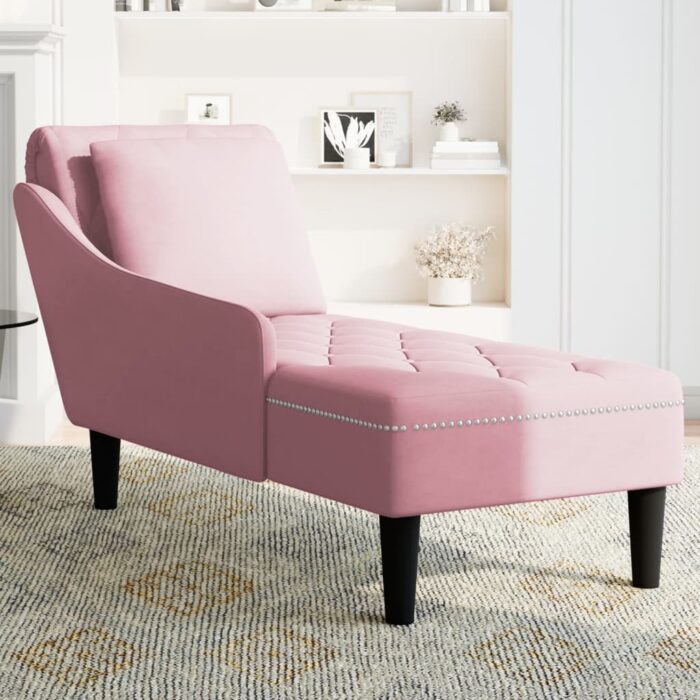 Fauteuil long avec coussin et accoudoir droit rose velours – Image 2