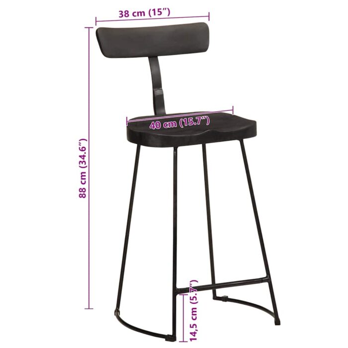 Tabourets de bar lot de 2 noir 49x43x88 cm bois manguier massif – Image 8