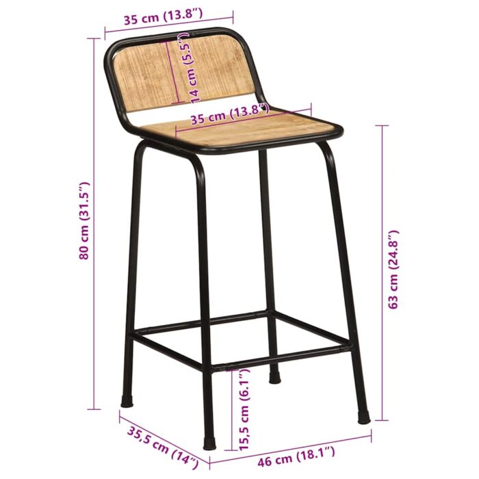 Tabourets de bar lot de 2 bois massif manguier brut – Image 8