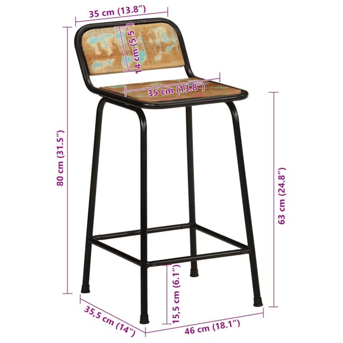 Tabourets de bar lot de 2 46x35,5x80cm bois massif récupération – Image 8