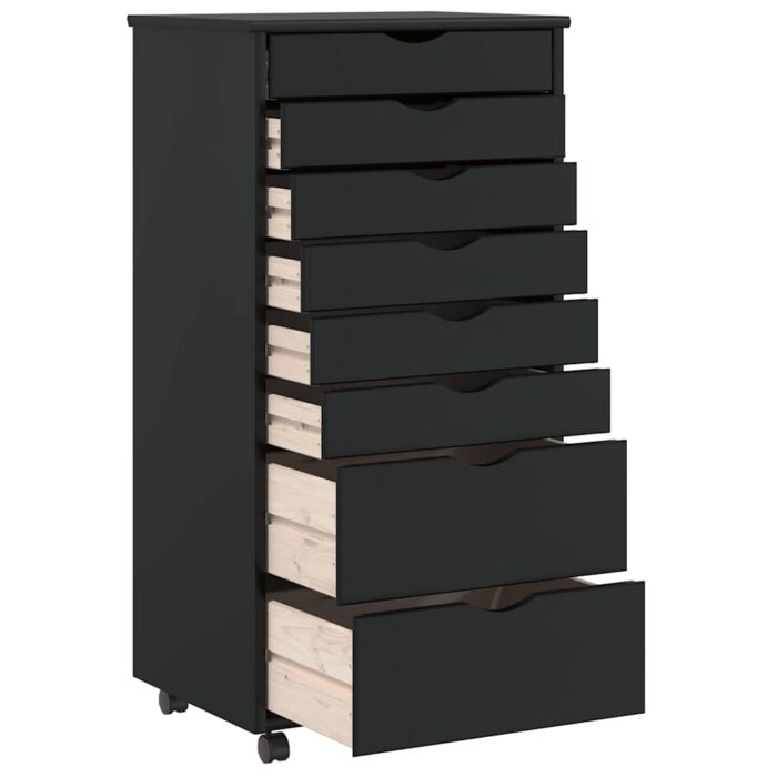 Armoire roulante avec tiroirs MOSS noir bois de pin solide – Image 5