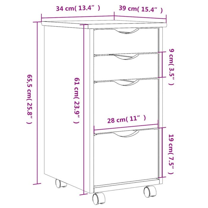 Armoire roulante avec tiroirs MOSS noir bois de pin solide – Image 8