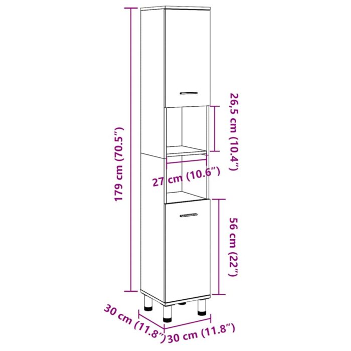 Armoire de salle de bain Gris béton 30x30x179 cm Aggloméré – Image 9