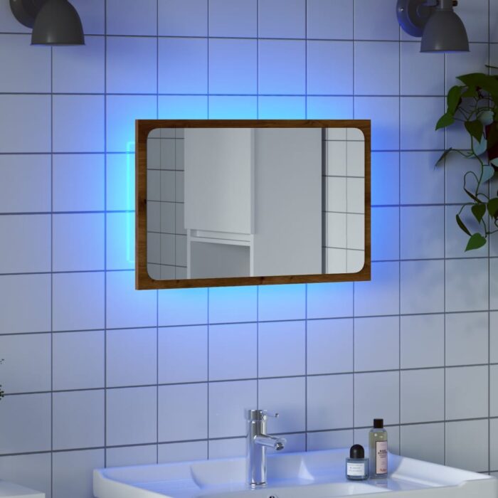 Miroir de salle de bain avec lumière LED chêne artisanal – Image 1