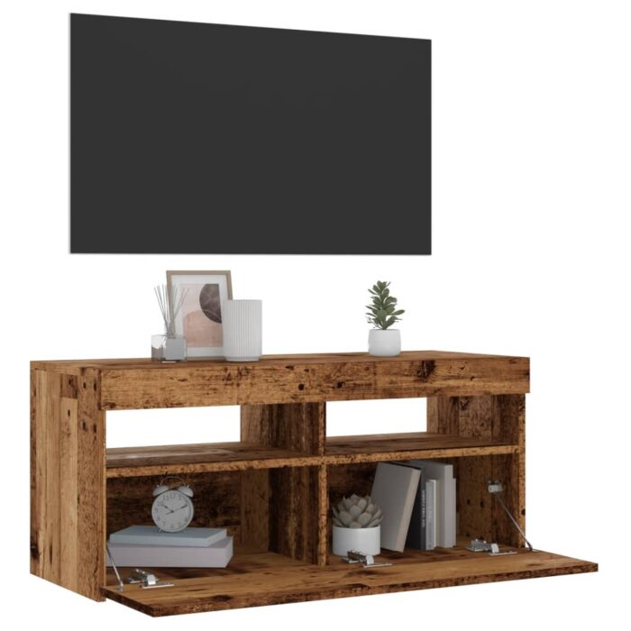 Meuble TV avec lumières LED vieux bois bois d'ingénierie – Image 1