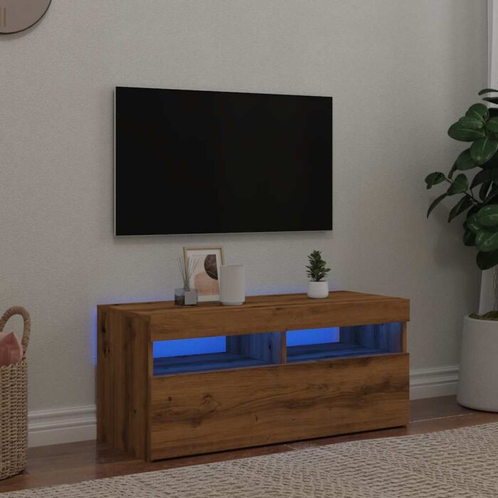 Meuble TV avec lumières LED chêne artisanal bois d'ingénierie – Image 2