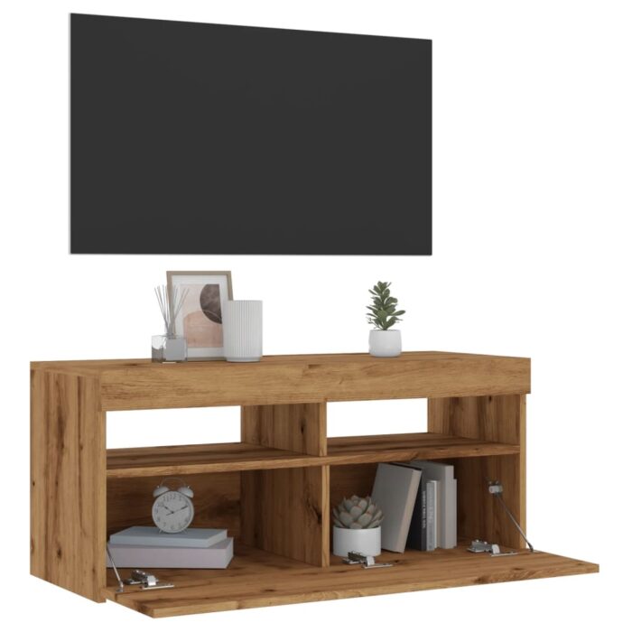 Meuble TV avec lumières LED chêne artisanal bois d'ingénierie – Image 1