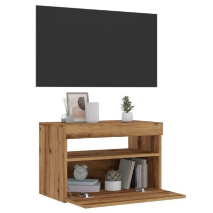 Meuble TV avec lumières LED chêne artisanal bois d'ingénierie