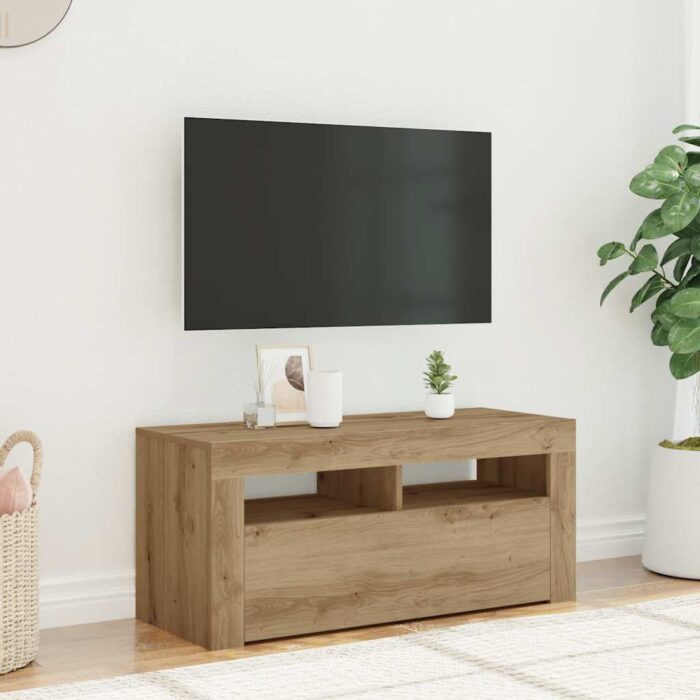 Meuble TV avec lumières LED chêne artisanal bois d'ingénierie – Image 2