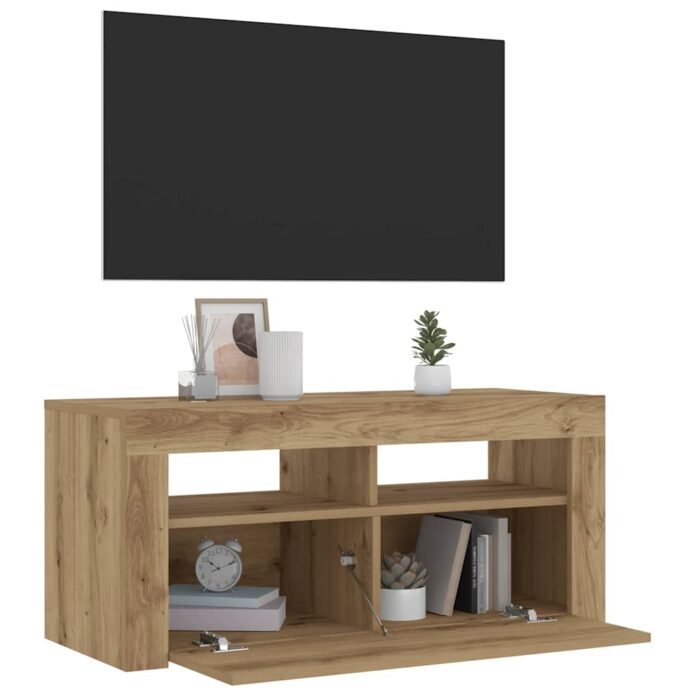 Meuble TV avec lumières LED chêne artisanal bois d'ingénierie – Image 3