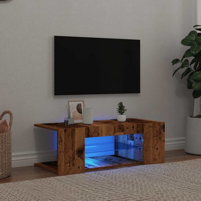 Meuble TV avec lumières LED vieux bois bois d'ingénierie – Image 1