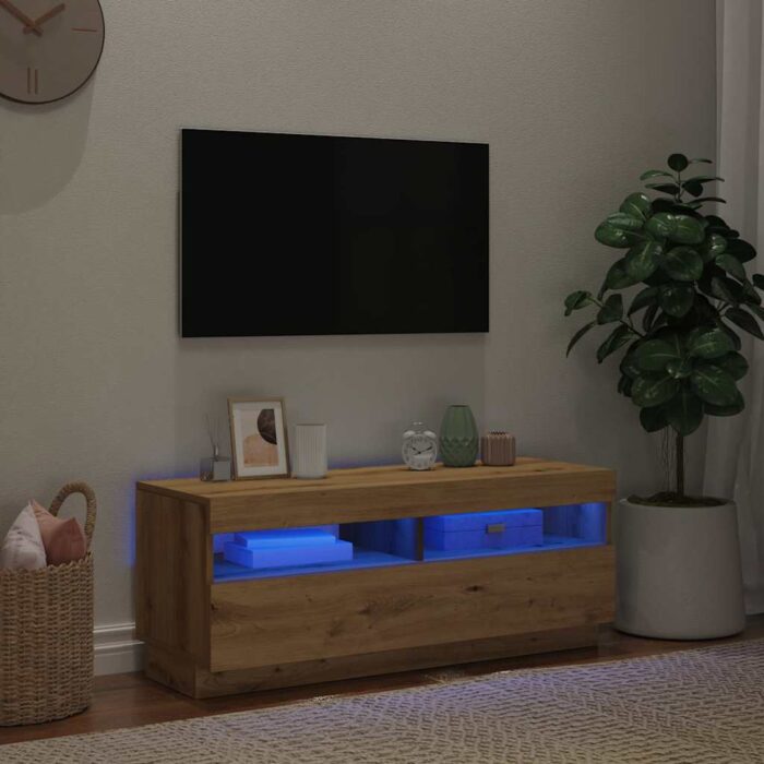 Meuble TV avec lumières LED chêne artisanal bois d'ingénierie – Image 3