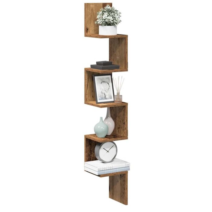 Étagère d'angle murale vieux bois 20x20x127,5 cm – Image 1