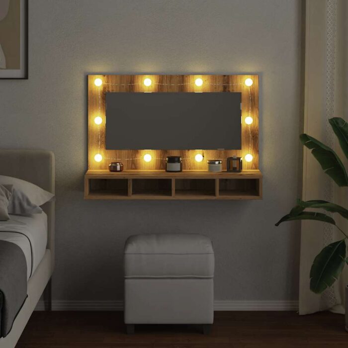 Armoire à miroir avec LED chêne artisanal 90x31,5x62 cm – Image 2