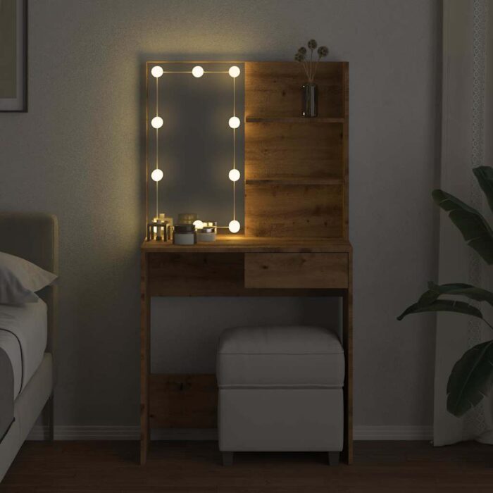 Coiffeuse avec LED chêne artisanal 74,5x40x141 cm – Image 2