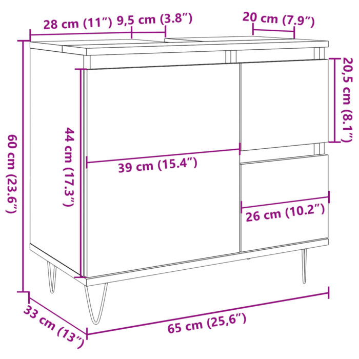 Armoire de lavabo de salle de bain gris béton 65x33x60 cm – Image 9