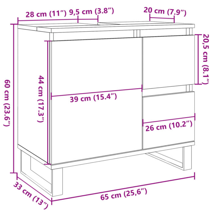 Armoire de lavabo de salle de bain gris béton 65x33x60 cm – Image 9