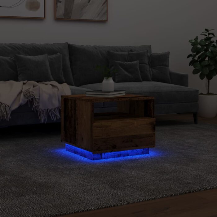 Table basse avec lumières LED vieux bois 50x49x40 cm – Image 3