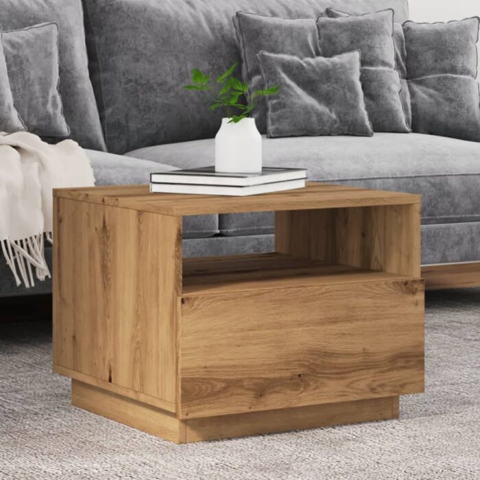Table basse avec lumières LED chêne artisanal 50x49x40 cm – Image 1