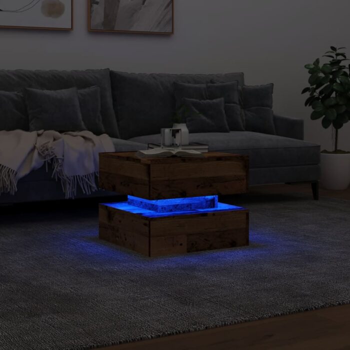 Table basse avec lumières LED vieux bois 50x50x40 cm – Image 3
