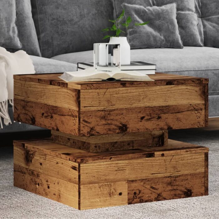 Table basse avec lumières LED vieux bois 50x50x40 cm – Image 1