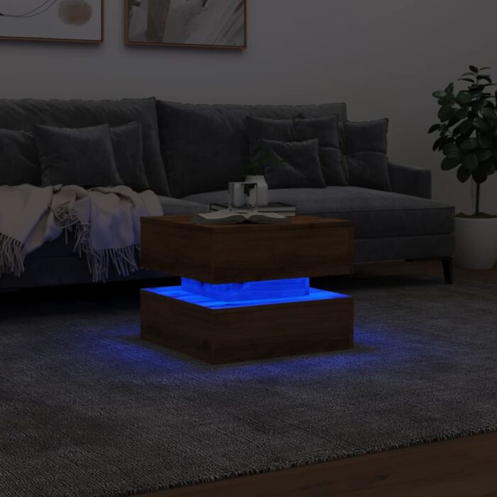 Table basse avec lumières LED chêne artisanal 50x50x40 cm – Image 3