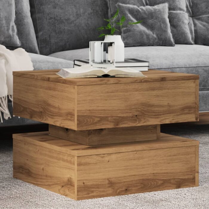 Table basse avec lumières LED chêne artisanal 50x50x40 cm – Image 1