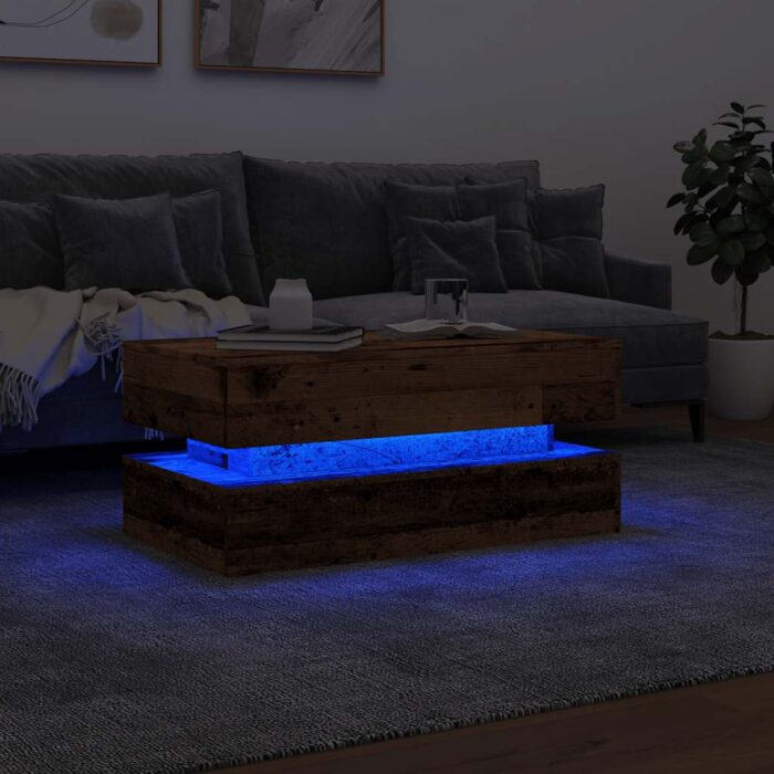 Table basse avec lumières LED vieux bois 90x50x40 cm – Image 3