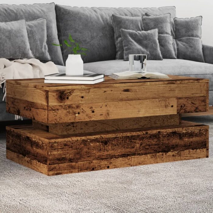 Table basse avec lumières LED vieux bois 90x50x40 cm – Image 1