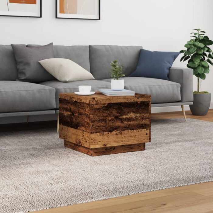 Table basse avec lumières LED vieux bois 50x50x40 cm – Image 2