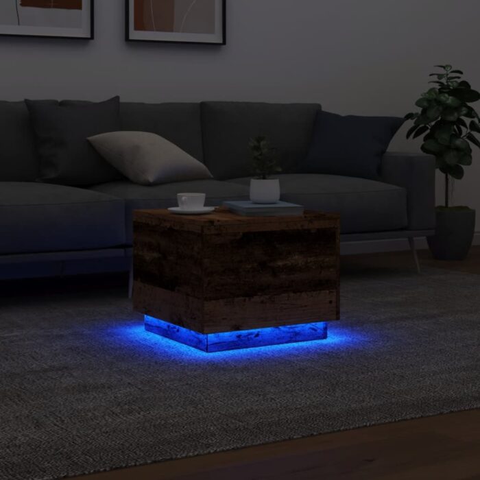 Table basse avec lumières LED vieux bois 50x50x40 cm – Image 3