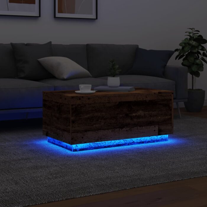 Table basse avec lumières LED vieux bois 90x50x40 cm – Image 3