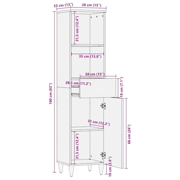 Armoire de salle de bain 38x33x160 cm bois massif de manguier – Image 11