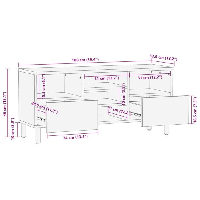 Meuble TV noir 100x33,5x46 cm bois massif manguier brut – Image 10