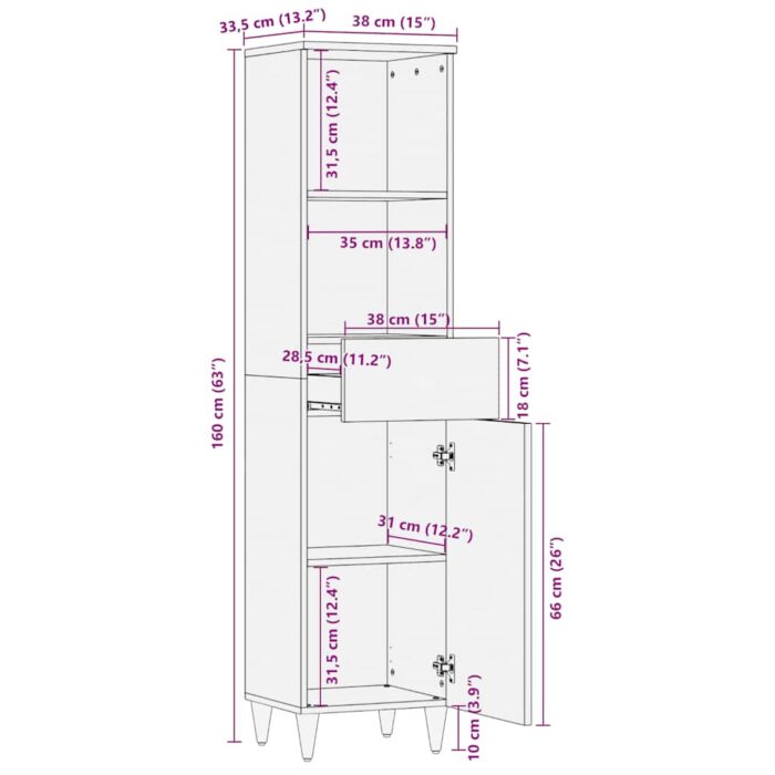 Armoire de salle de bain 38x33,5x160 cm bois massif de manguier – Image 11
