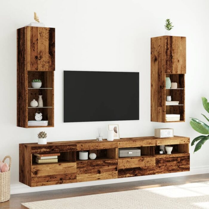 Meubles TV avec lumières LED 2 pcs vieux bois 30,5x30x102 cm – Image 2