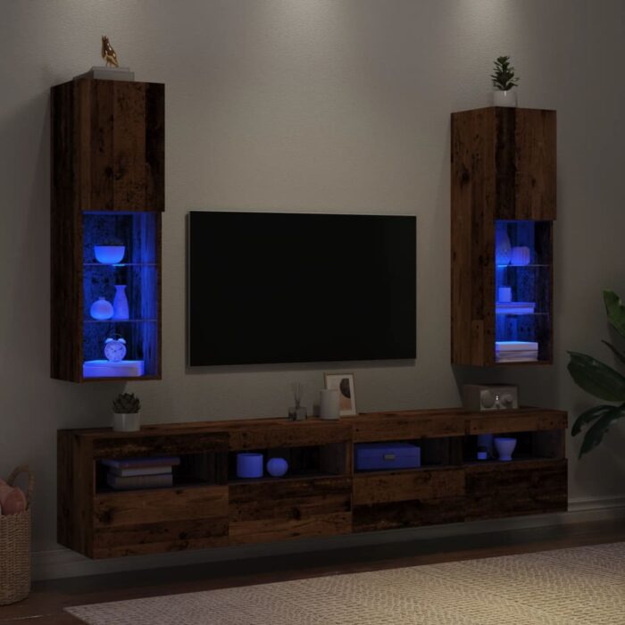 Meubles TV avec lumières LED 2 pcs vieux bois 30,5x30x102 cm – Image 1