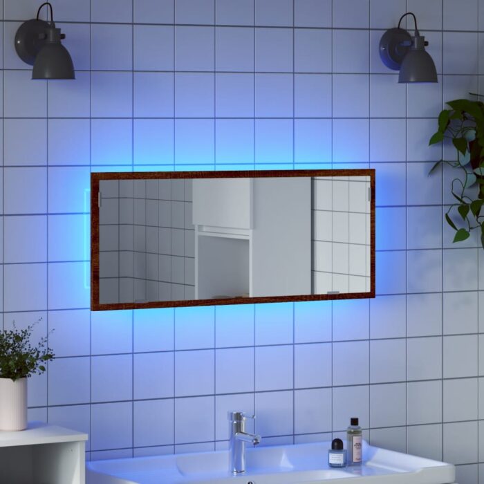 Miroir de salle de bain à LED chêne marron bois d'ingénierie – Image 1