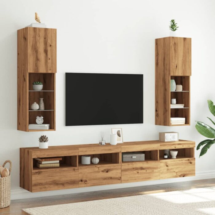 Meubles TV avec lumières LED 2pcs chêne artisanal 30,5x30x102cm – Image 2
