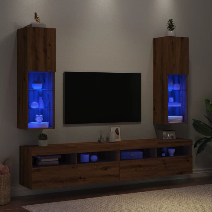 Meubles TV avec lumières LED 2pcs chêne artisanal 30,5x30x102cm – Image 1