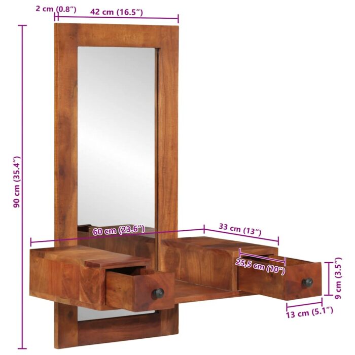 Miroir mural avec tiroirs 60x33x90 cm bois massif d'acacia – Image 9