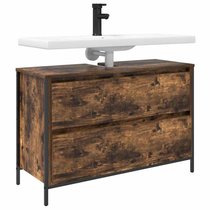 Meuble de salle de bain lavabo tiroirs chêne fumé 90x34,5x60 cm – Image 2