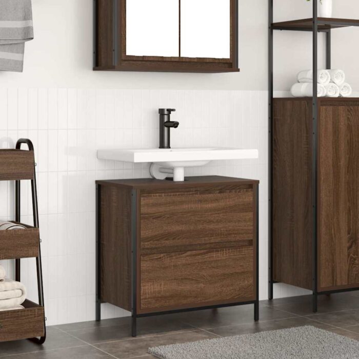 Meuble salle de bain lavabo tiroirs chêne marron 60x34,5x60 cm – Image 1