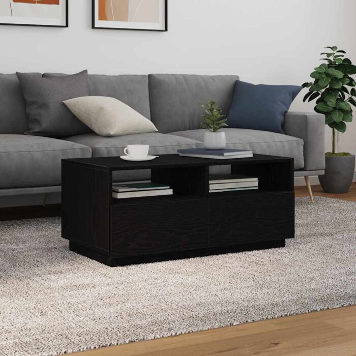Table basse avec lumières LED chêne noir 90x49x40 cm – Image 2