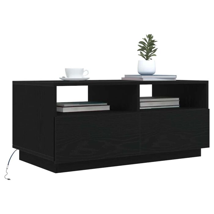 Table basse avec lumières LED chêne noir 90x49x40 cm – Image 3