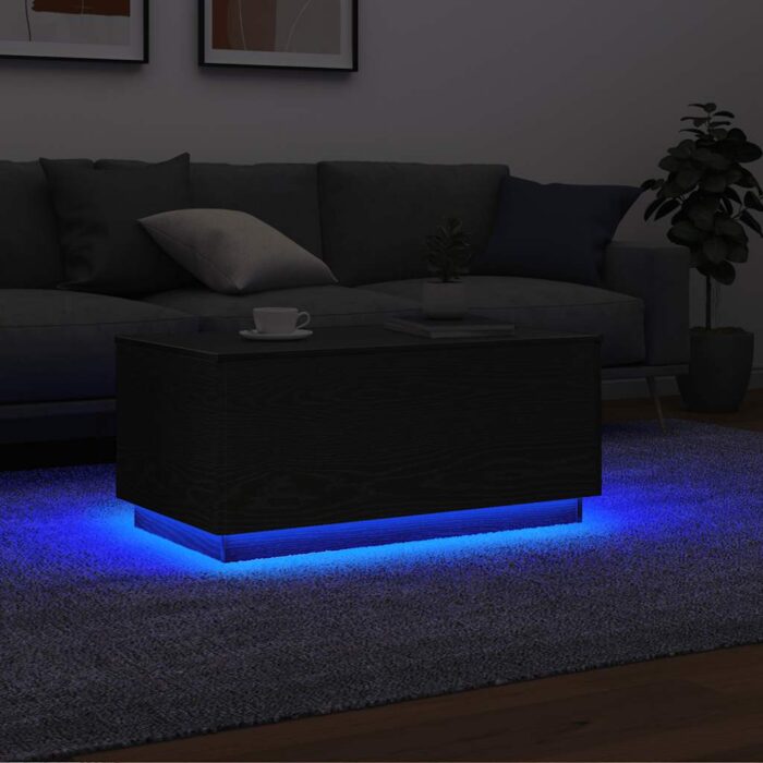 Table basse avec lumières LED chêne noir 90x49x40 cm – Image 1