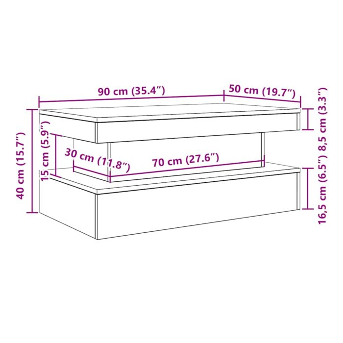 Table basse avec lumières LED chêne noir 90x50x40 cm – Image 10
