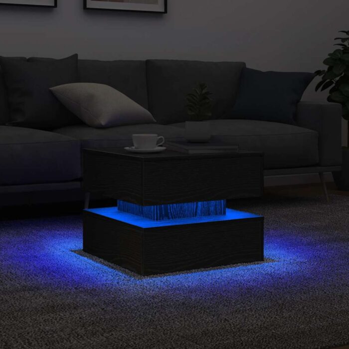 Table basse avec lumières LED chêne noir 50x50x40 cm – Image 1