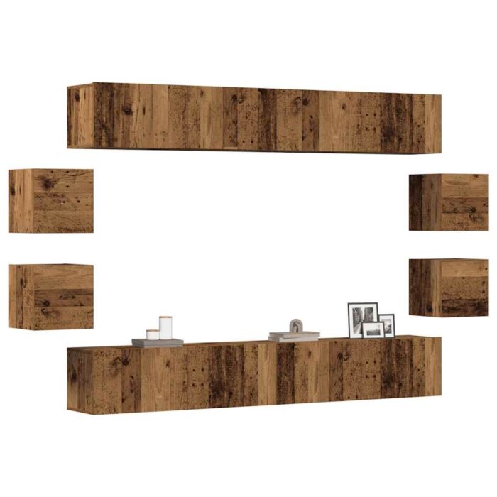 Ensemble de meuble TV mural 8 pcs vieux bois bois d'ingénierie – Image 1