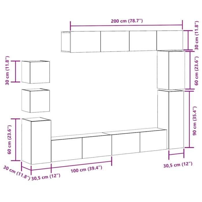 Ensemble de meuble TV mural 9 pcs vieux bois bois d'ingénierie – Image 11